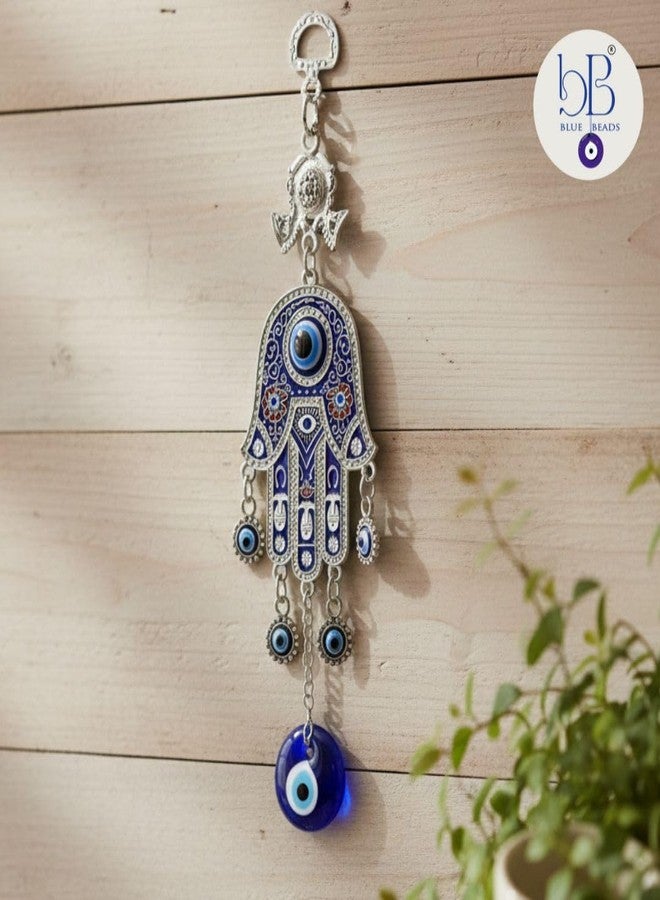 BLUE BEADS خرز أزرق معدني، ديكور منزلي، قلادة عين الحسد، طولها 8 بوصات، زينة مثالية لهدايا ديوالي، قلادة حظ على شكل يد الحسد، زينة للباب/الجدار للمنزل والمكتب، فضي - Image 3